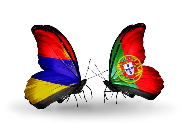 蝴蝶翅膀上的亚美尼亚和葡萄牙标志 — 图库照片