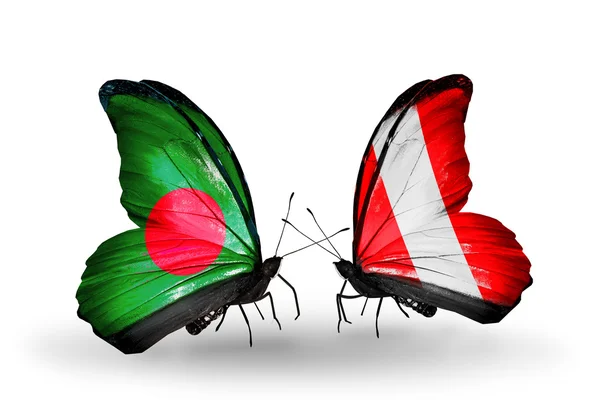 蝴蝶翅膀上的孟加拉国和秘鲁标志 — 图库照片