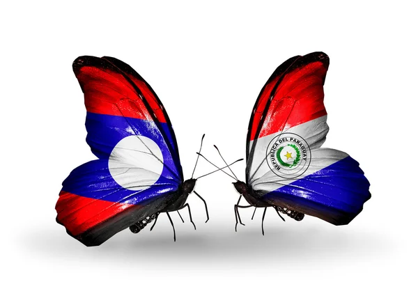 Papillons avec drapeaux du Laos et du Paraguay sur les ailes — Photo
