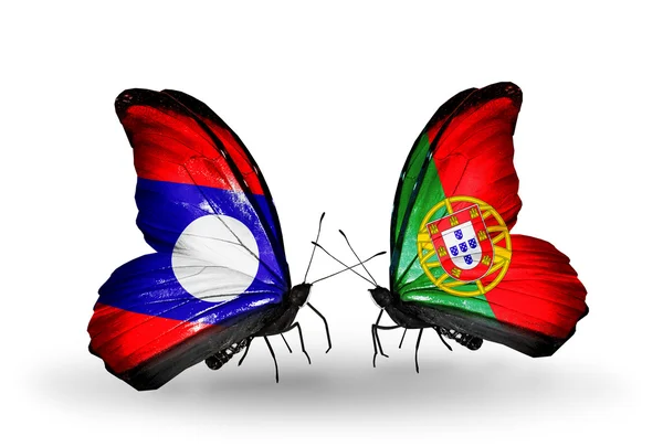 Motyle z flagi Laosu i Portugalii na skrzydłach — Zdjęcie stockowe