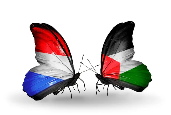 Butterflies with  Luxembourg and Palestine flags on wings — Stock Photo, Image