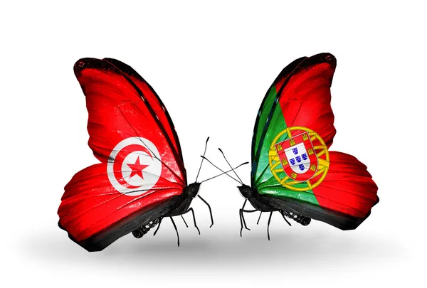 Butterflies with  Tunisia and Portugal flags on wings — Stock Photo, Image