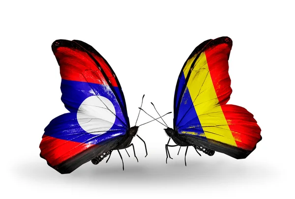 Butterflies with Laos and Chad, Romania flags on wings — Stock Photo, Image