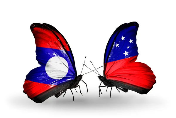 Motyle z flagi Laosu i samoa na skrzydłach — Zdjęcie stockowe