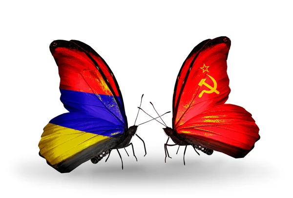 蝴蝶翅膀上的亚美尼亚和苏联标志 — 图库照片