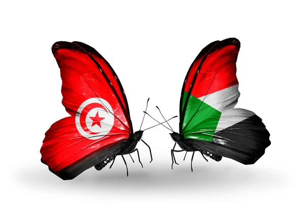 Farfalle con bandiere Tunisia e Sudan sulle ali — Foto Stock