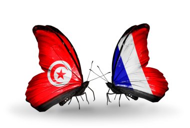 Kelebek kanatları üzerinde Tunus ve Fransa bayraklı