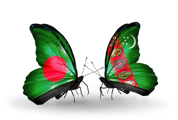 Mariposas con banderas de Bangladesh y Turkmenistán en alas —  Fotos de Stock