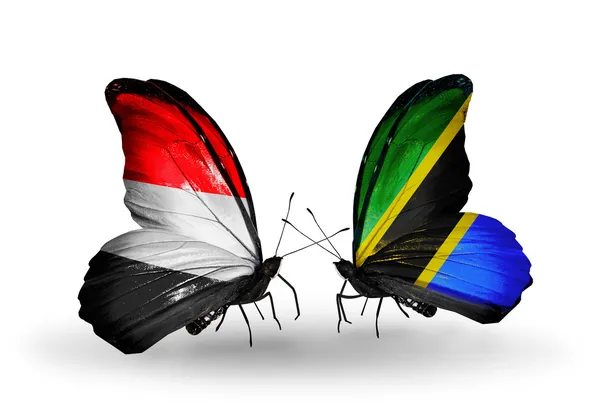 Motyle z Jemenu i Tanzanii flagi na skrzydłach — Zdjęcie stockowe