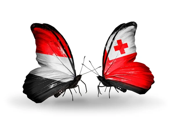 Butterflies with Yemen and  Tonga flags on wings — Stock Photo, Image