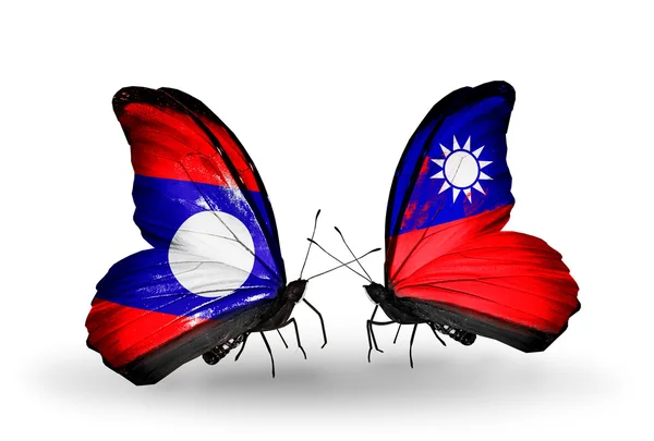 Farfalle con bandiere Laos e Taiwan sulle ali — Foto Stock