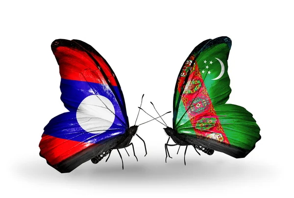 Papillons avec drapeaux du Laos et du Turkménistan sur les ailes — Photo