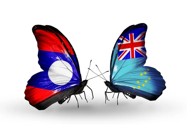 Butterflies with Laos and Tuvalu flags on wings — Stock Photo, Image