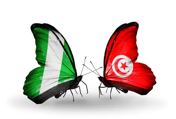 Vlinders met nigeria en Tunesië vlaggen op vleugels — Stockfoto