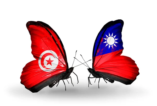 Butterflies with Tunisia and Taiwan flags on wings — Stock Photo, Image