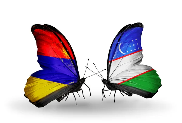 Papillons avec l'Arménie et l'Ouzbékistan drapeaux sur les ailes — Photo