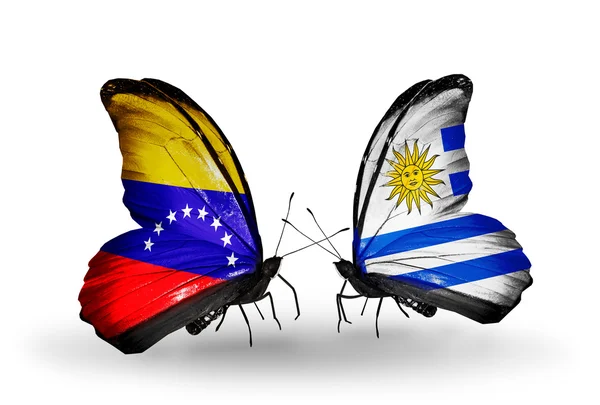 Borboletas com bandeiras Venezuela e Uruguai em asas — Fotografia de Stock