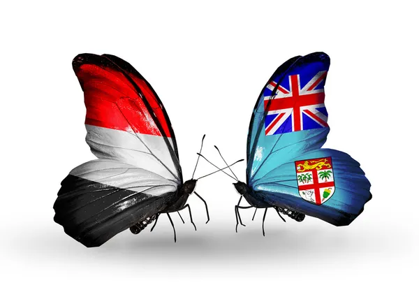 Borboletas com bandeiras do Iêmen e Fiji em asas — Fotografia de Stock