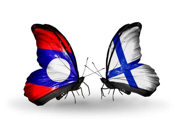 Butterflies with Laos and Finland flags on wings — Stock Photo, Image