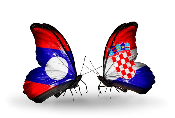 Papillons avec drapeaux Laos et Croatie sur les ailes — Photo