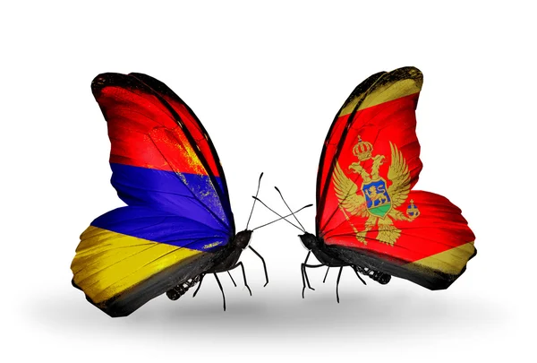 Motyle z Armenii i Czarnogóra flagi na skrzydłach — Zdjęcie stockowe