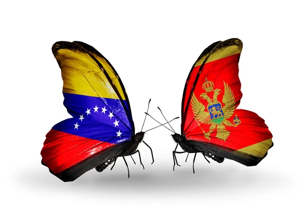 Butterflies with Venezuela and Montenegro flags on wings — Stock Photo, Image