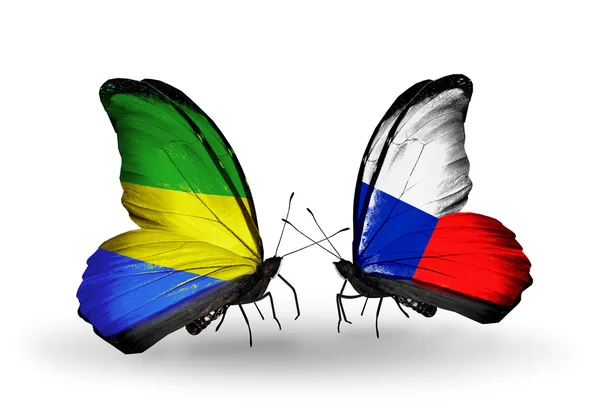 Butterflies with Gabon and Czech flags on wings — Stock Photo, Image