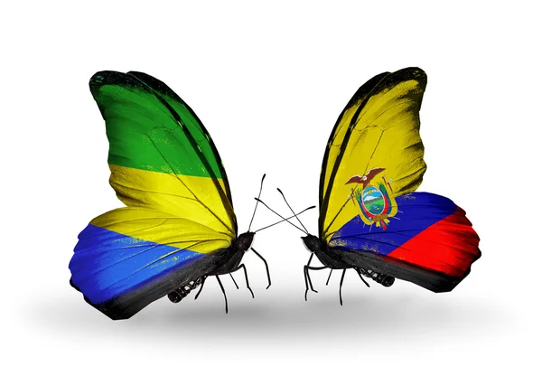 Papillons avec drapeaux Gabon et Equateur sur les ailes — Photo