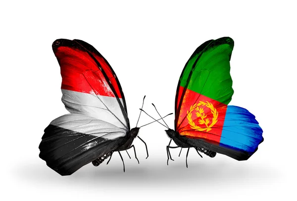 Butterflies with Yemen and Eritrea flags on wings — Stock Photo, Image