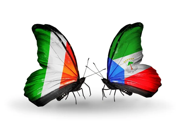 Farfalle con le bandiere dell'Irlanda e della Guinea Equatoriale sulle ali — Foto Stock