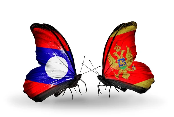 Butterflies with Laos and Montenegro flags on wings — Stock Photo, Image