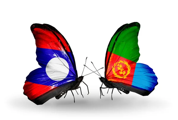 Butterflies with Laos and  Eritrea flags on wings — Stock Photo, Image