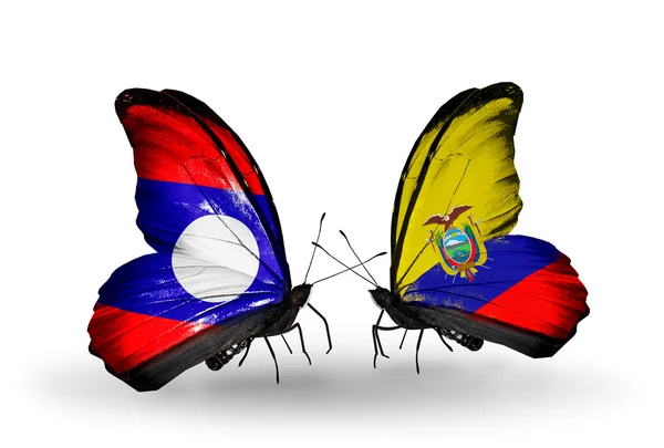 Borboletas com bandeiras do Laos e Equador em asas — Fotografia de Stock