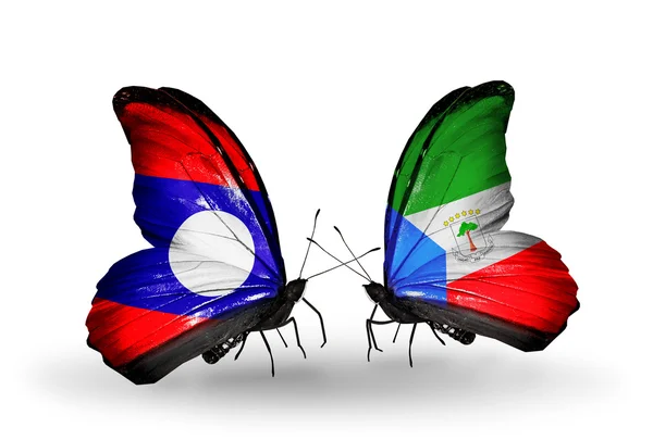 Butterflies with Laos and Equatorial Guinea flags on wings — Stock Photo, Image