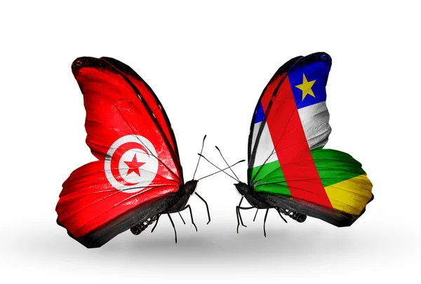 Butterflies with Tunisia  and Central African Republic flags on wings — Stock Photo, Image