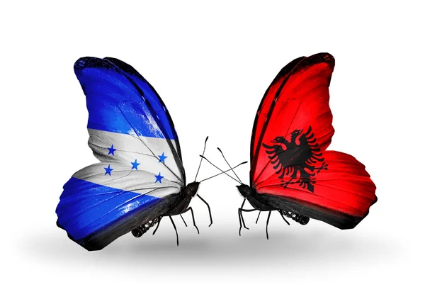 Schmetterlinge mit Honduras und Albanien-Flaggen auf Flügeln — Stockfoto