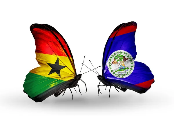 Papillons avec des drapeaux Ghana et Belize sur les ailes — Photo