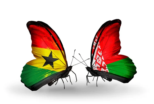 Papillons avec drapeaux Ghana et Belarus sur les ailes — Photo