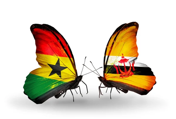 Butterflies with Ghana and Brunei flags on wings — Stock Photo, Image