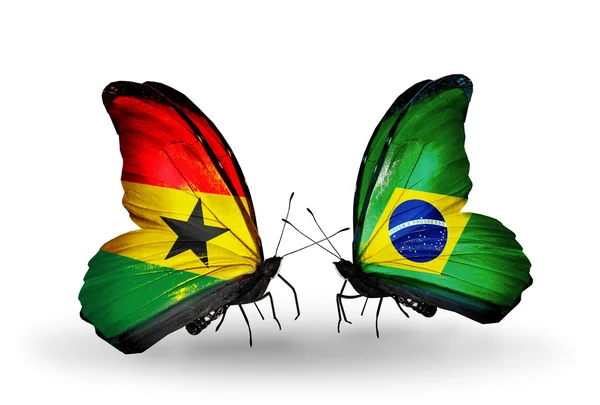 Butterflies with Ghana and Brazil flags on wings — Stock Photo, Image