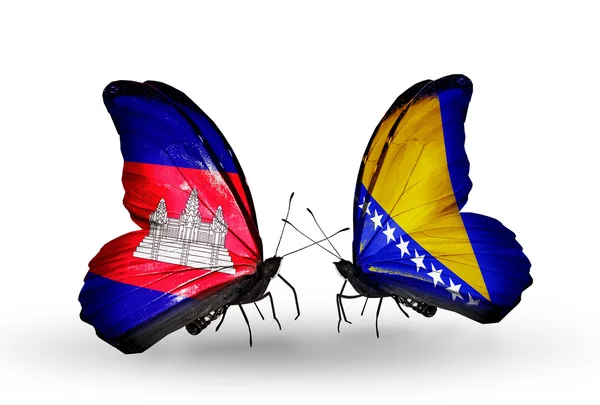 Butterflies with Cambodia and  Bosnia and Herzegovina flags on wings — Stock Photo, Image