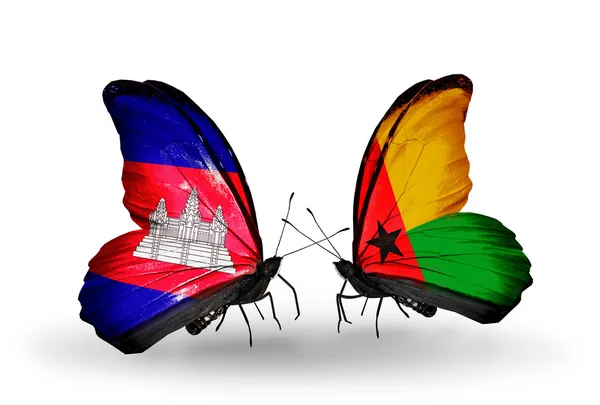 Butterflies with Cambodia and  Guinea Bissau flags on wings — Stock Photo, Image