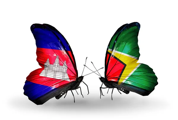 Butterflies with Cambodia and  Guyana flags on wings — Stock Photo, Image