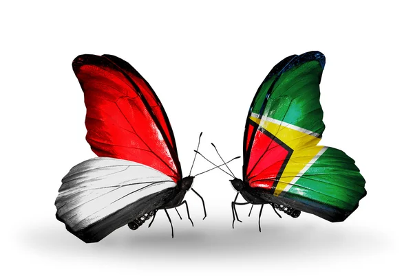 Mariposas con banderas de Mónaco, Indonesia y Guyana en alas — Foto de Stock