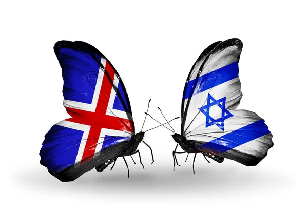 Butterflies with Iceland and  Israel flags on wings — Stock Photo, Image