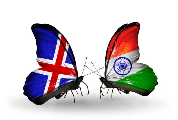 Butterflies with Iceland and   India flags on wings — Stock Photo, Image