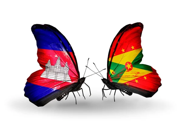 Butterflies with Cambodia and  Grenada flags on wings — Stock Photo, Image