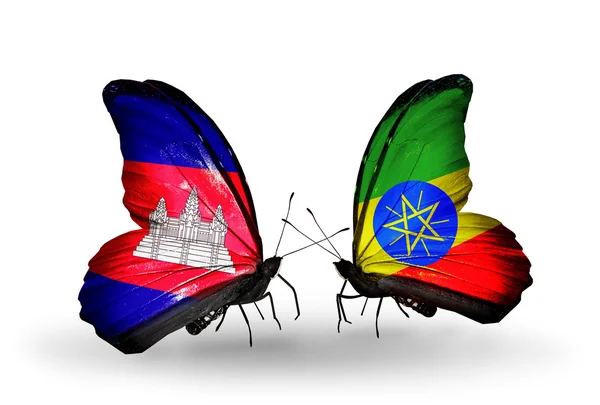 Butterflies with Cambodia and   Ethiopia flags on wings — Stock Photo, Image