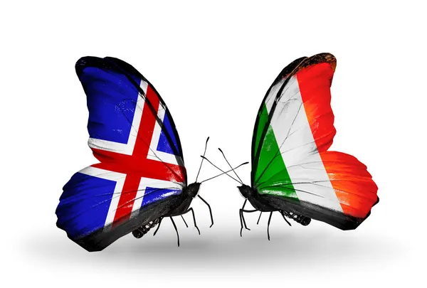 蝴蝶翅膀上的冰岛和爱尔兰的标志 — 图库照片