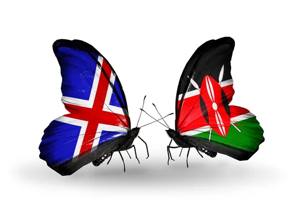 Mariposas con banderas de Islandia y Kenia en alas —  Fotos de Stock